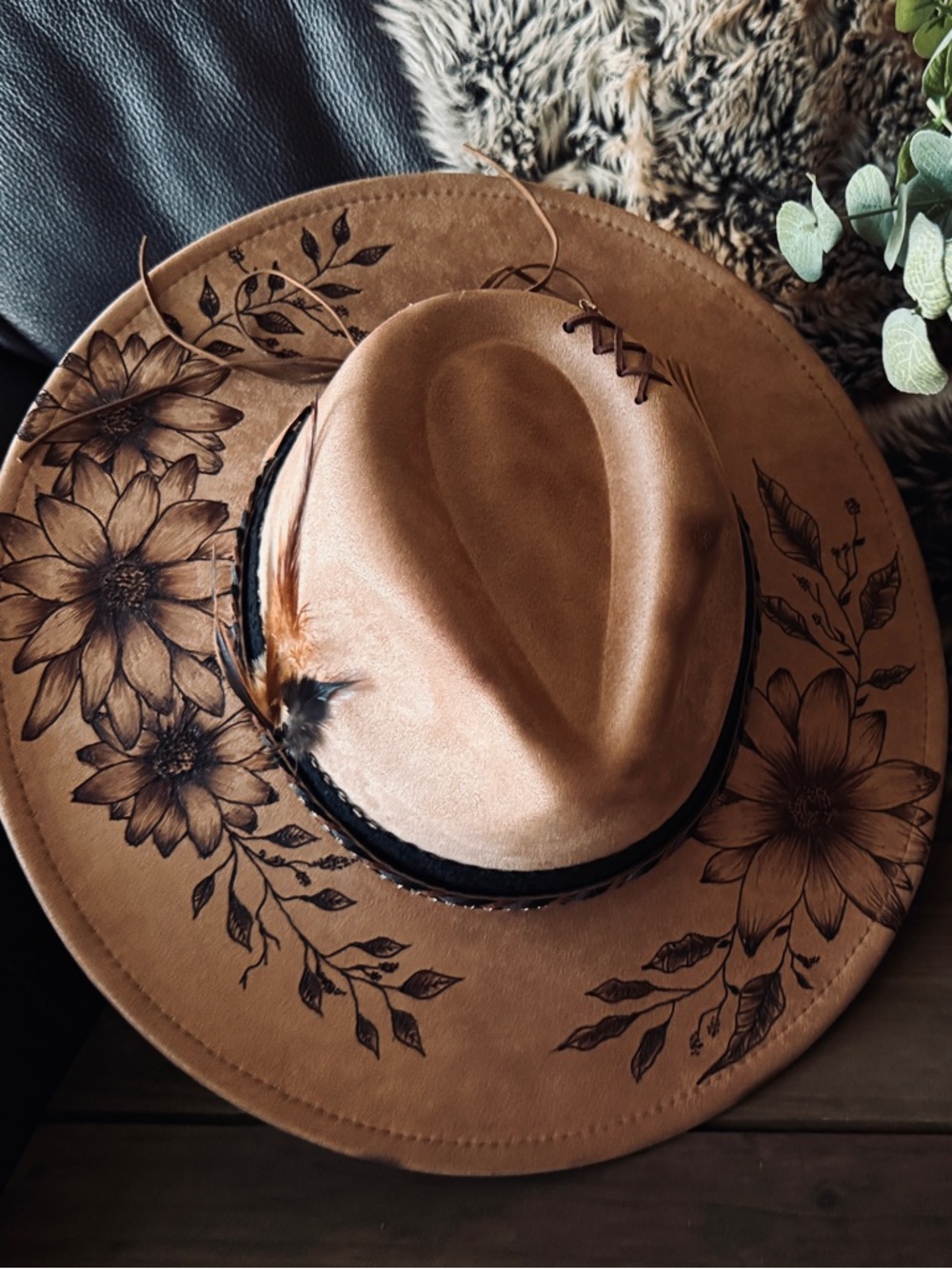 Tan Floral Wide Brim Fedora Hat